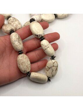 White Howlite Beaded Necklace With Antique Silver Accents & Hook Closure 20-Inch